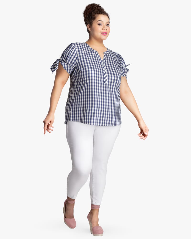 Plus size model with diamond body shape wearing Natalie Woven Shirt by Molly&Isadora | Dia&Co | dia_product_style_image_id:115825